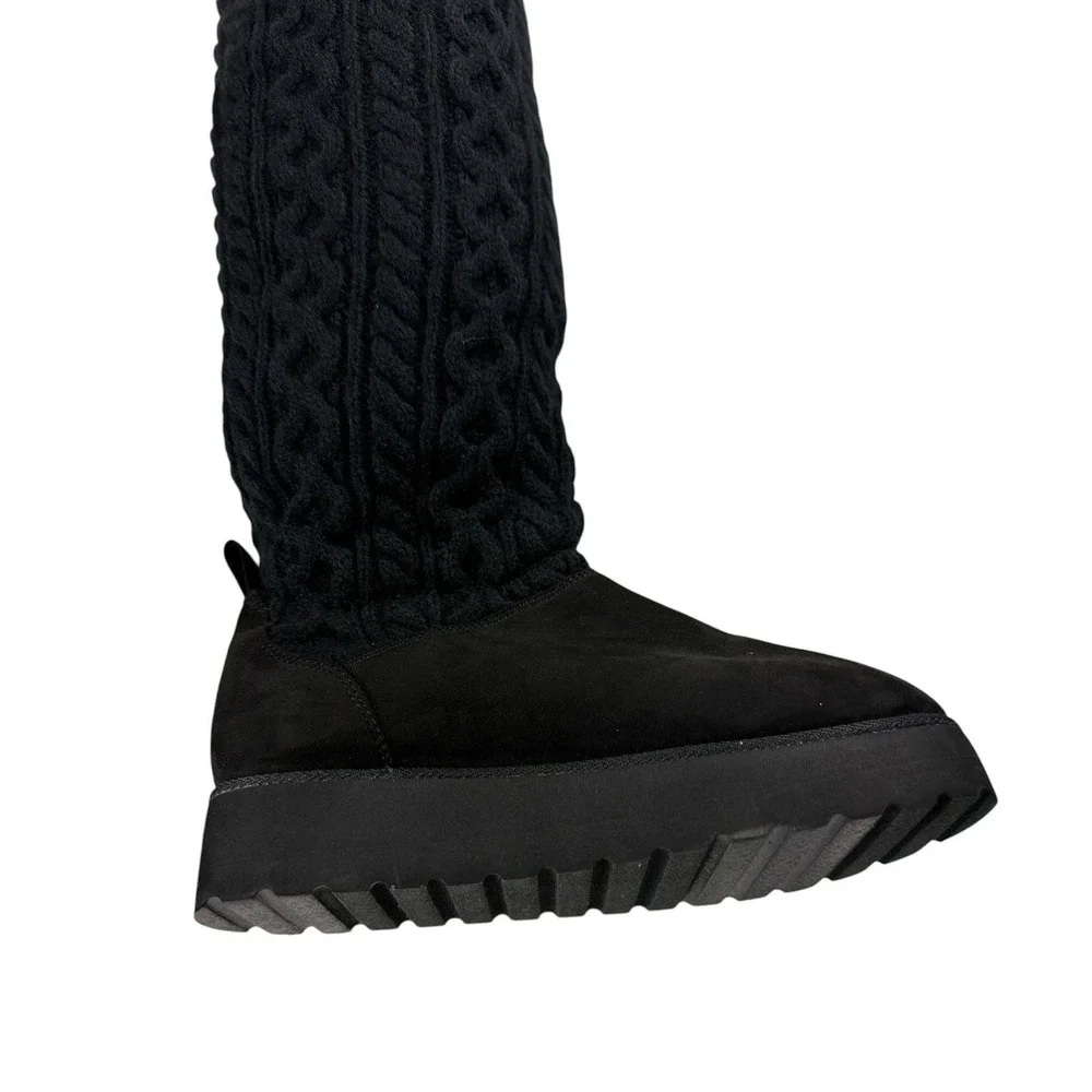 Sugar Womens Black Cable Knit Tall Platform Boots Faux Fur Lined Size 9.5 M